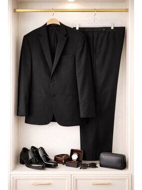 Prontomoda Mens Black Tuxedo Suit 52R 2-Button Satin Trim EUC Adjustable Waist